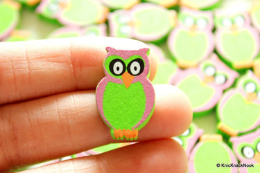 Green And Pink Owl Wood Beads x 10